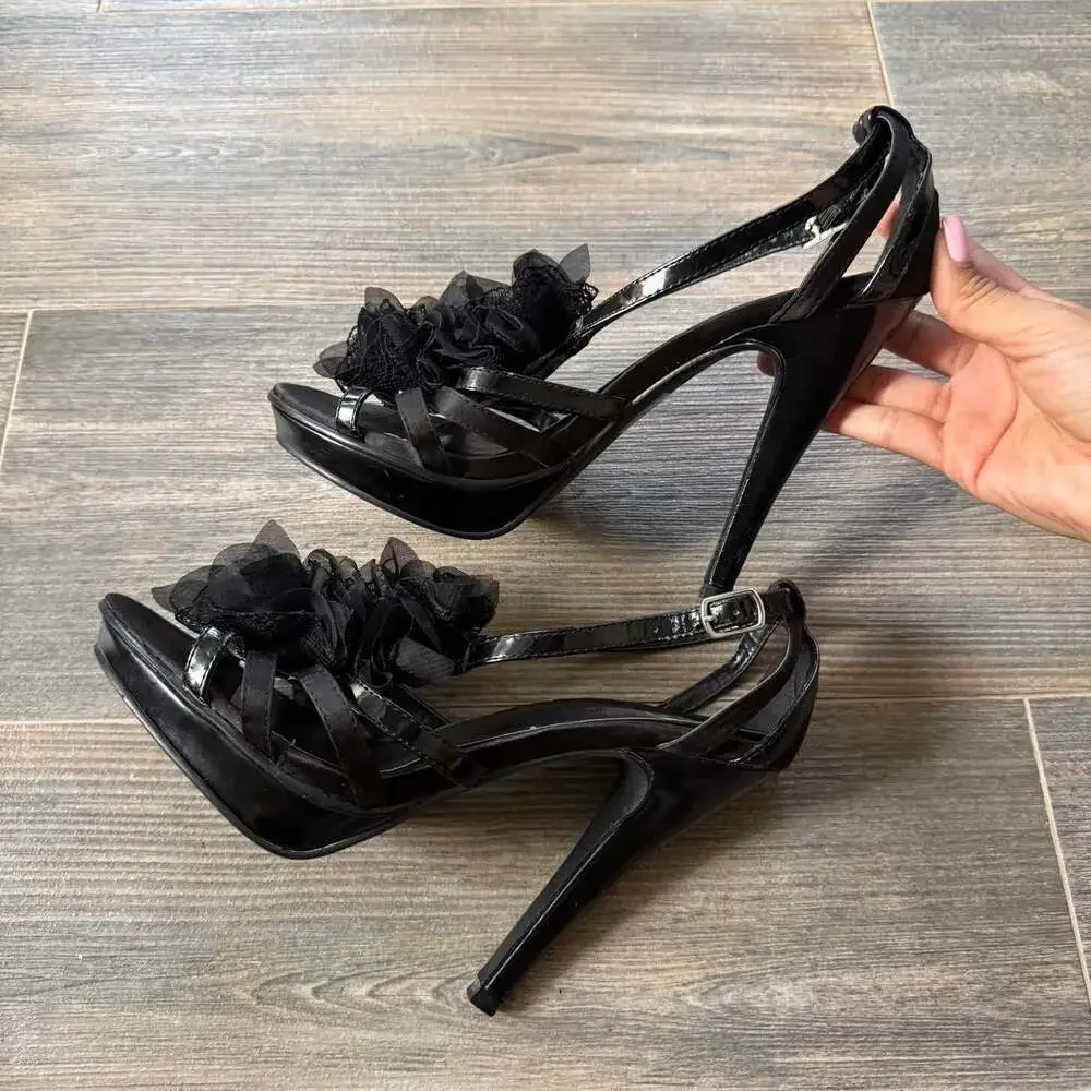 Shi Women's Black Platform open toe Heel Vintage Y2K Ruffle Flower